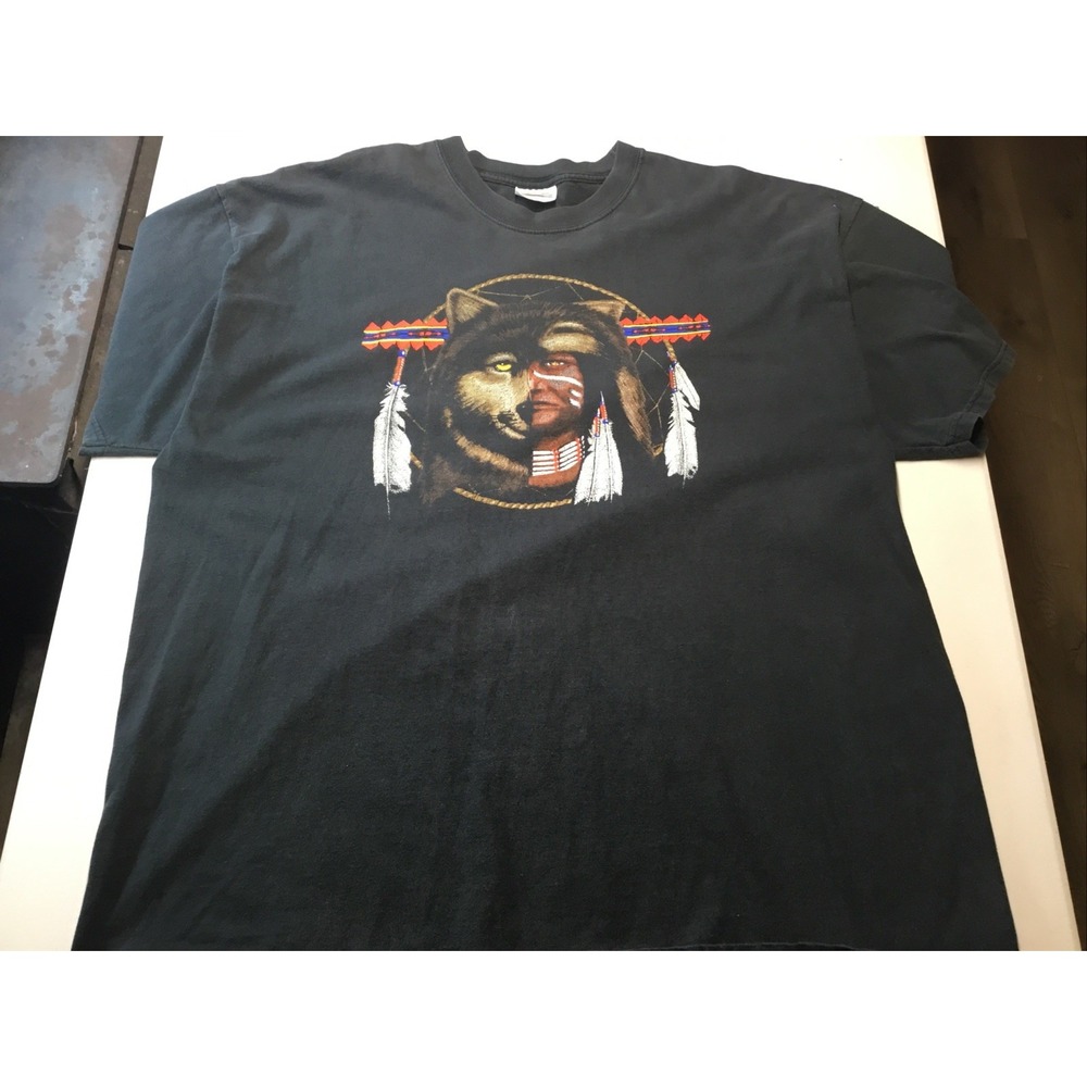 Vintage XXL Half Man Half Wolf Graphic Print T-shirt Native American Indian